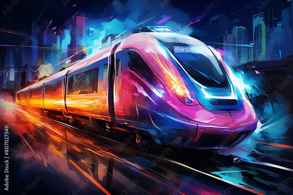 Fototapeta premium Vibrant neon lights illuminate the futuristic cityscape as a high-speed train streaks through the bustling city center, digital painting the dynamic energy of urban life.