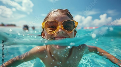 Funny young girl in sunglasses swimming in the sea  capturing joyful summer moments