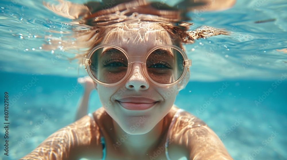 Funny young girl in sunglasses swimming in the sea, capturing joyful summer moments