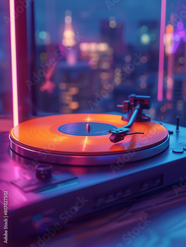 The arm of a vintage record player dips gracefully onto a record highlighted by neon light in a minimalist setting each groove playing the soundtrack of a fantastical story. Generative ai.