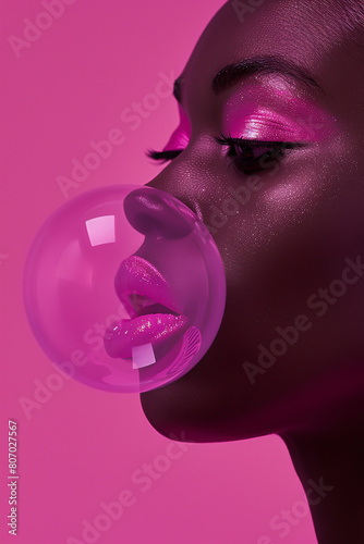 Y2K returns in minimalist elegance with bubble gum pink lips poised to burst a bubble capturing the essence of the year 2000s pop culture in a single stylish frame. Generative ai.