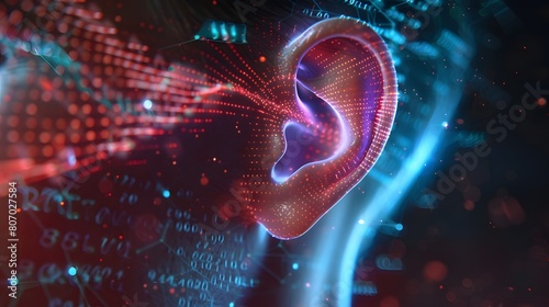 Close-up of a human ear with a holographic effect that conveys hearing., Generative Ai