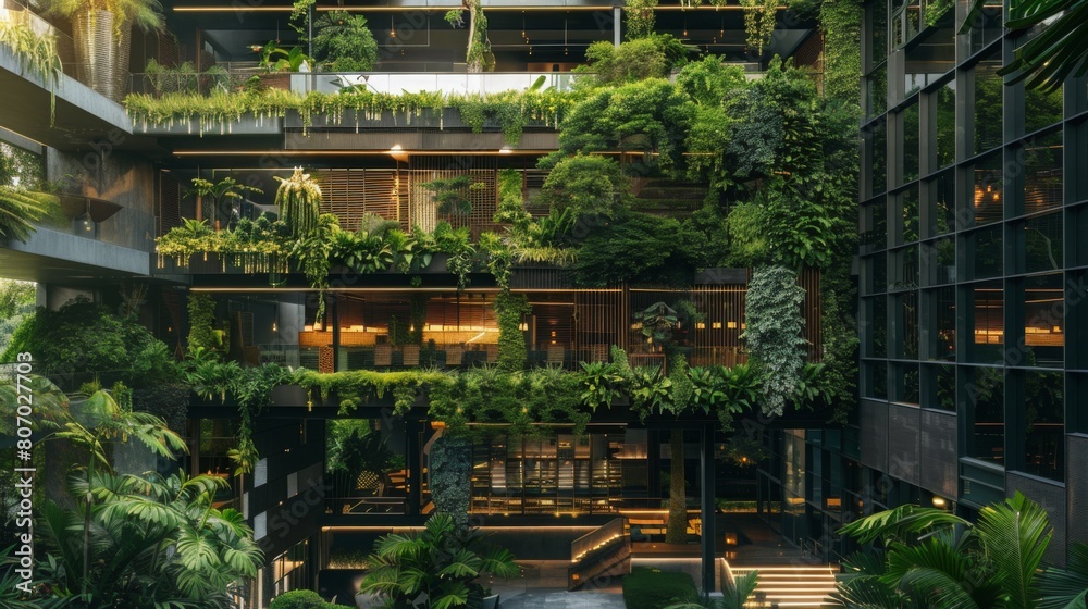 A tall building adorned with an abundance of thriving plants climbing its exterior, creating a green spectacle against the urban backdrop.