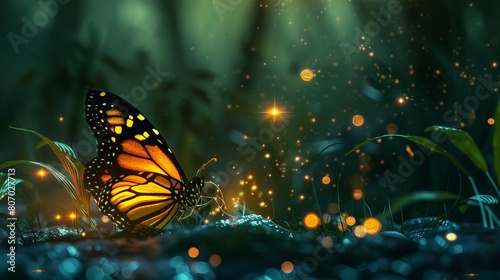 Glowing butterfly: enchanting nocturnal encounter with radiant wings in nature's embrace