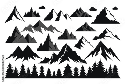 hand drawn vector silhouettes of mountains. Rocky range landscape shape. Hiking mountains peaks Silhouette Design with white Background and Vector