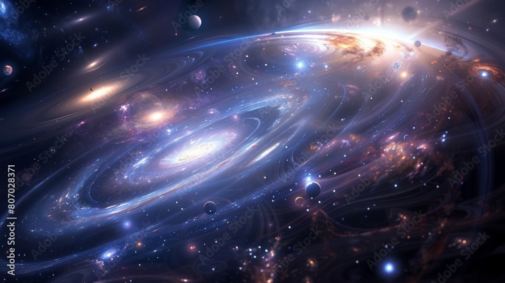 Obraz premium Majestic Cosmic Dance: Galaxies, Stars, and Planetary Orbits