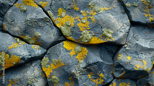 Photo realistic lichen patterns on rocks: showcasing symbiotic relationship and texture in forest setting photo