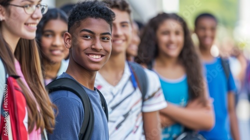 Diverse Group of Smiling Teenagers at School