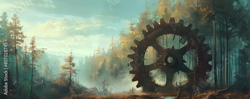 An illustration of a giant gear emerging from a forest clearing, symbolizing the struggle between nature and technology photo