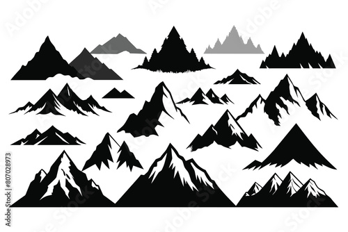 hand drawn vector silhouettes of mountains. Rocky range landscape shape. Hiking mountains peaks Silhouette Design with white Background and Vector © mobarok8888