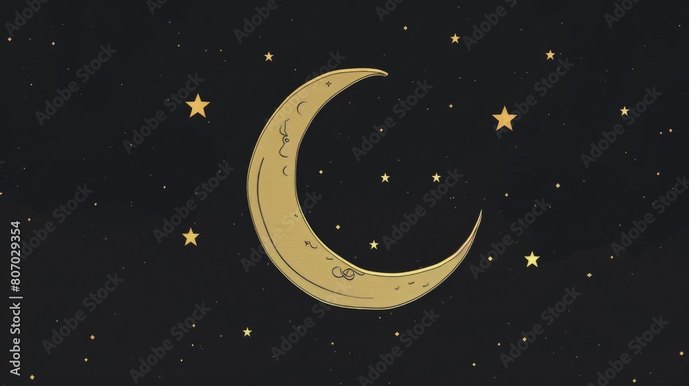 Naklejka premium Golden Crescent Moon and Stars on a Dark Night Sky