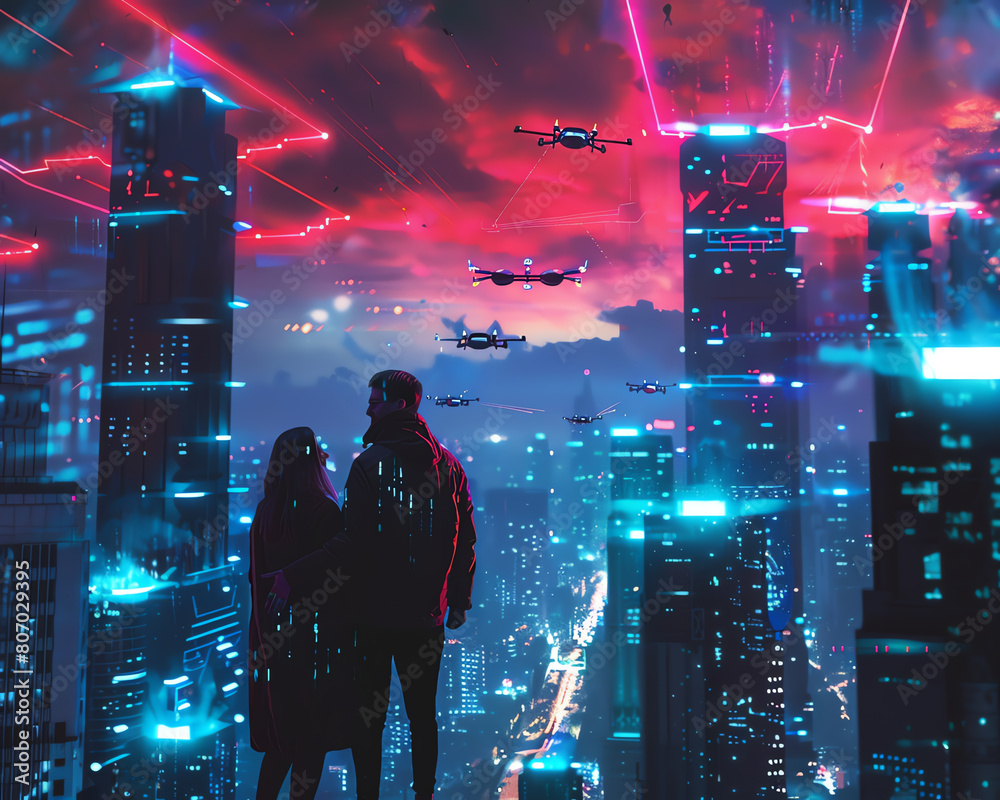 Fototapeta premium Visualize a couple beneath a glowing neon-lit sky
