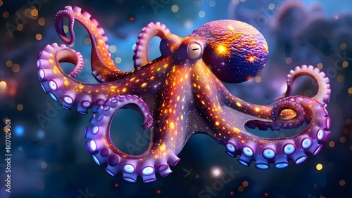 A space octopus with glowing tentacles exploring the universe in 3D. Concept Adventure, Space Exploration, Science Fiction, Alien Encounter, Cosmic Mystery