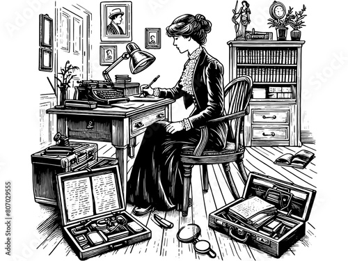 Vintage female writer sits at a desk in her office. Sketch board imitation. Vector, generative ai.