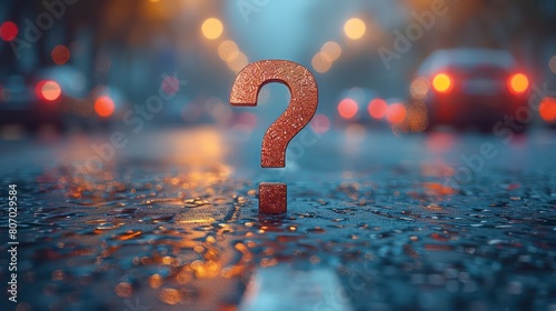 Question mark on wet road, blurred car front, safe driving concept