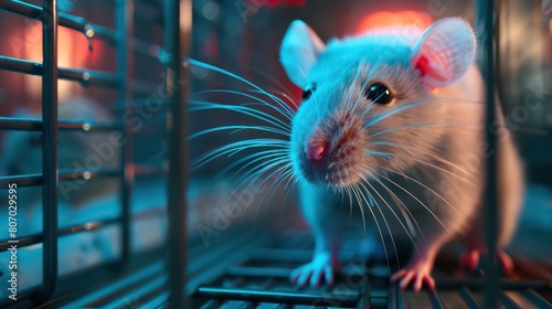 Fototapeta Naklejka Na Ścianę i Meble -  White rat in cage of medical scientific laboratory. Stop experiments on animals, animal protection. Generative AI