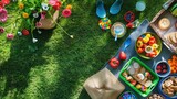 A group of children is enjoying a picnic surrounded by grass, trees, and shrubs in a natural landscape. They are leisurely soaking up the sun and appreciating the beauty of the environment AIG50