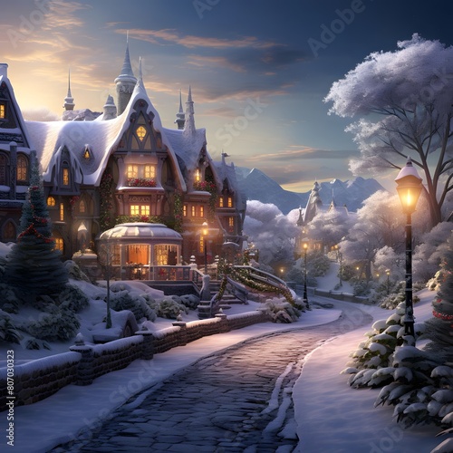 Beautiful winter landscape with wooden house in the mountains. Winter night