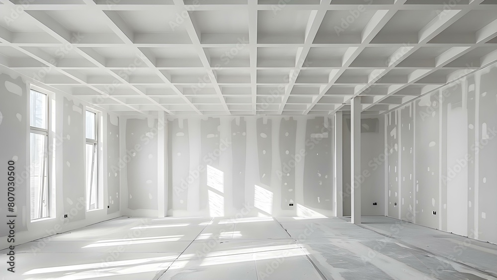 Intricate white stretch ceiling with suspended drywall in vacant apartment or house. Concept Home Renovations, Interior Design, Suspended Drywall, Stretch Ceiling, Vacant Property Intricate white stretch ceiling with suspended drywall in vacant apartment or house. Concept Home Renovations, Interior Design, Suspended Drywall, Stretch Ceiling, Vacant Property