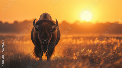 A majestic bison against the backdrop of a shining sunset on the savanna photo