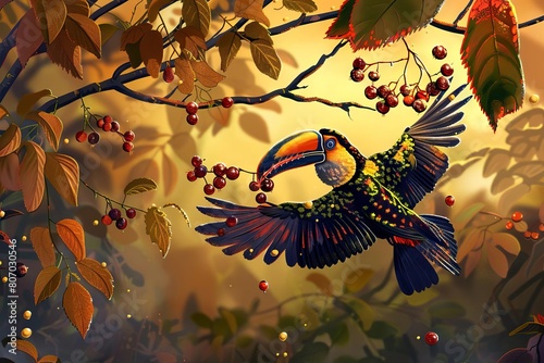 An iridescent keelbilled toucan playfully tossing berries high in the air photo