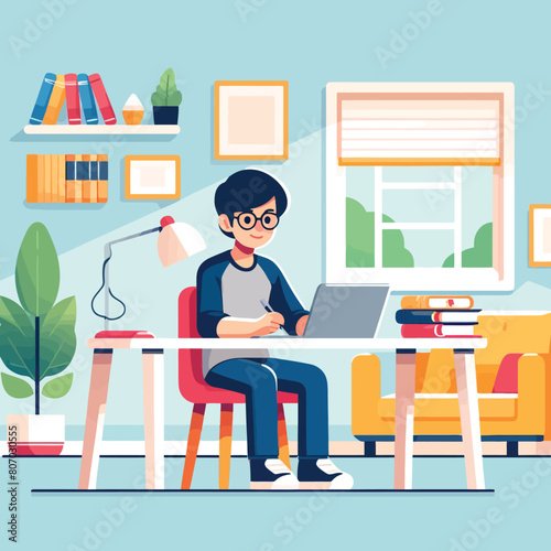 illustration of a student working on a report with laptop