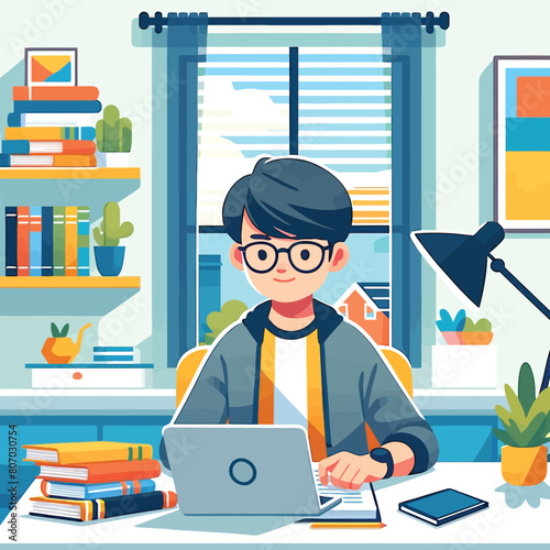 illustration of a college student working on a report at home