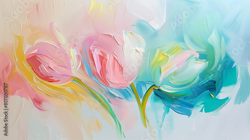 Whimsical Tulips in Pastel: Soft Abstract Floral Art on Canvas #807030787