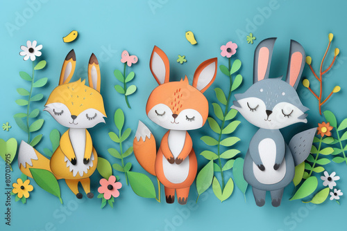 A cute illustration of a fox, a rabbit, and a bear in a forest setting paper cut style background