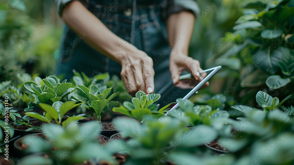 Ultra realistic Horticulturist at work: Cataloging plant species in botanical garden to enhance conservation efforts using tablet   Stock Photo Concept