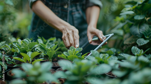 Ultra realistic Horticulturist at work: Cataloging plant species in botanical garden to enhance conservation efforts using tablet Stock Photo Concept