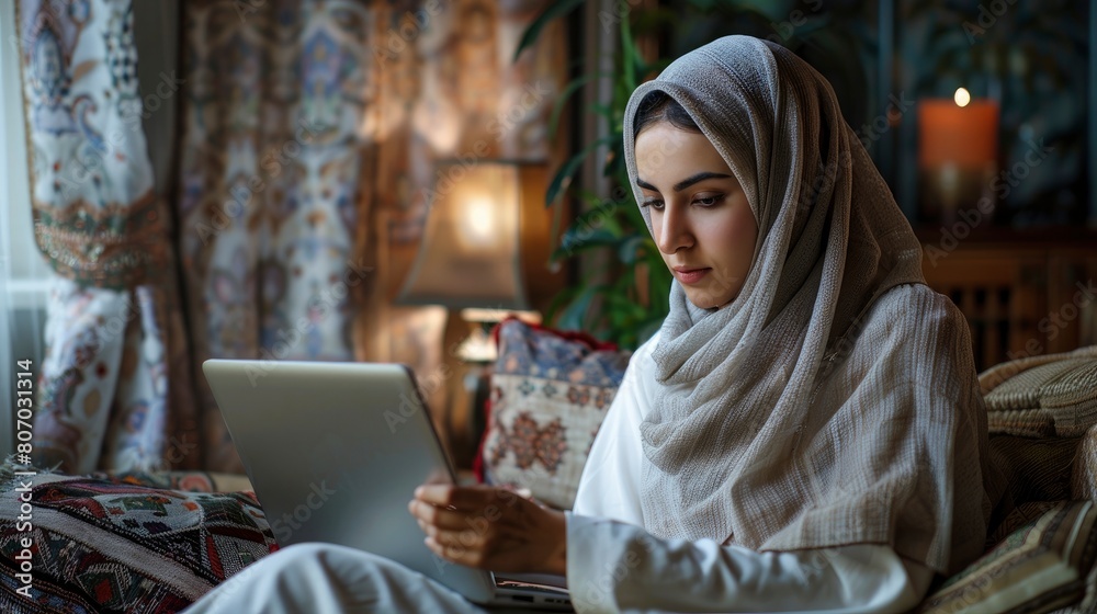 A Beautiful Muslim Woman Sitting In Front Of A Laptop And Using A Digital Tablet At Home, Background HD For Designer        