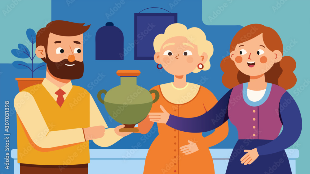 Fototapeta premium An antique shop owner eagerly showing the couple a rare antique vase the elderly womans eyes sparkling with curiosity.. Vector illustration
