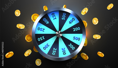 Wheel of luck or fortune. Colorful gambling wheel and flying coins. Online casino. Internet casino.