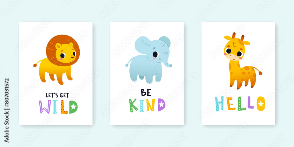 Fototapeta premium Cute baby animals poster set. Cartoon vector prints collection with african animals.