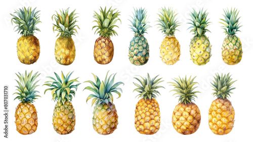 Set of drawn pineapples isolated on transparent background