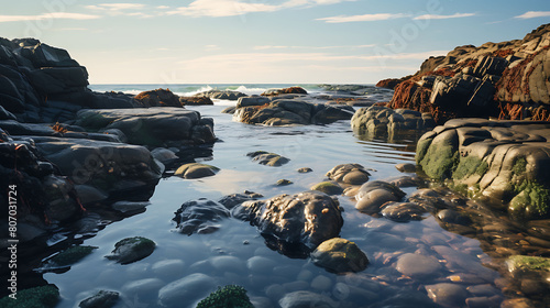 Rocky Shoreline: Describe tide pools, barnacles, and crashing waves. photo