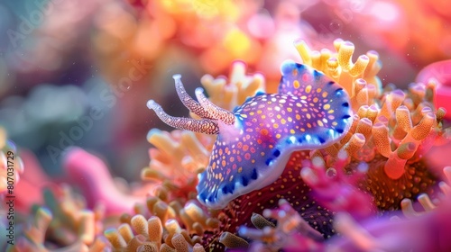 A striking nudibranch with vibrant blue and spotted patterns, gracefully crawling on vividly colored coral in a marine ecosystem.