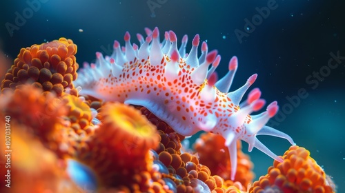 A detailed close-up of a nudibranch with delicate red and white spotted appendages  nestled among orange coral polyps in its natural underwater habitat.