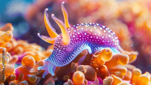 A purple nudibranch adorned with bright white dots and yellow appendages, exploring the textured surface of colorful coral in the ocean.