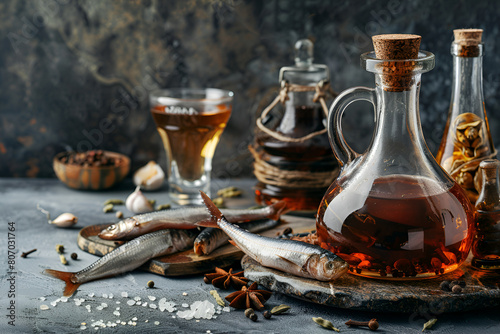 Garum fish sauce in a carafe on the table with fresh sardines and spices lying nearby on a dark grey background photo