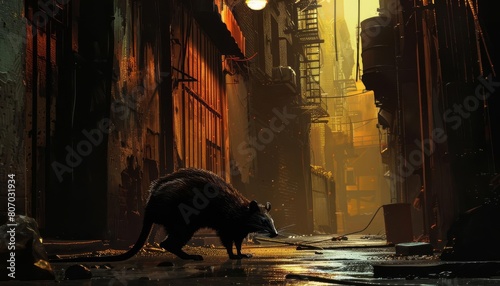 An opossum rummaging through a city alley, the glow of streetlights creating dramatic shadows photo