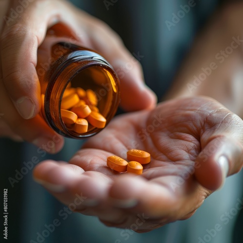 Close-up of a person pouring orange pills from a bottle into their hand, focusing on the medication and its implications in health and treatment.