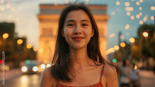 A woman in a red dress standing in front of the Arc de Triomphe photo