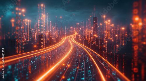 Abstract highway path through digital binary towers in city. Concept of big data  machine learning  artificial intelligence  hyper loop  virtual reality  high speed network.
