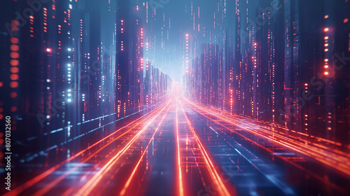 Abstract highway path through digital binary towers in city. Concept of big data, machine learning, artificial intelligence, hyper loop, virtual reality, high speed network.