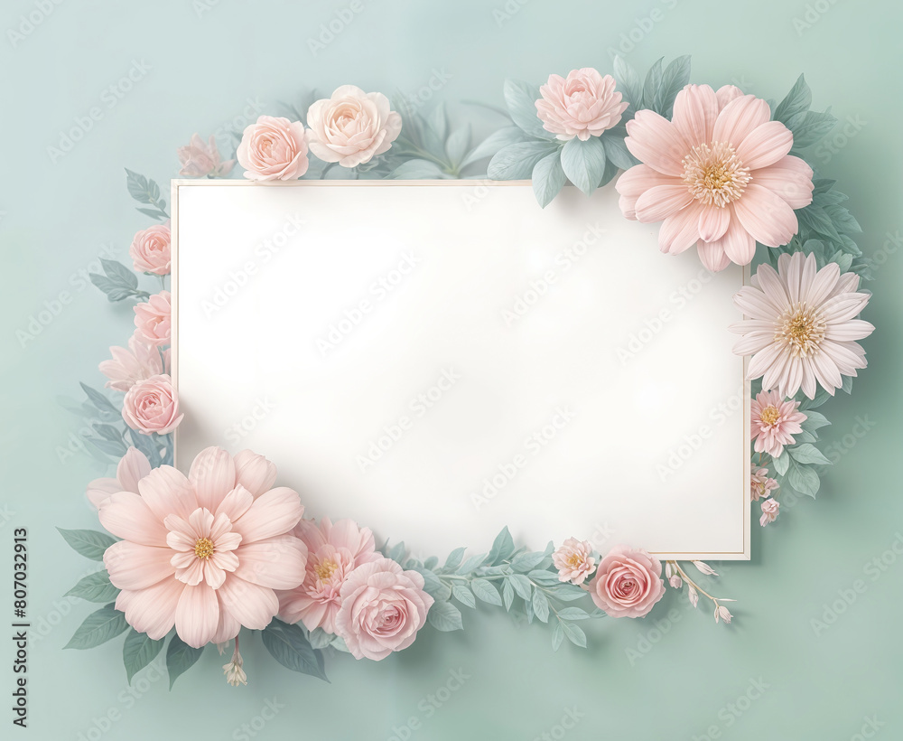 A white frame with delicate (pink and purple flowers, green leaves, and a soft pastel background)