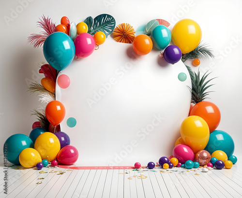 Colorful balloons, tropical leaves, and other decorative elements arranged in a frame-like composition on a white background with a wooden floor