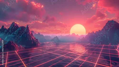 Neon colors create a retro-futuristic grid floor with mountains and sky in a digital world. Concept Neon Lights, Grid Floor, Retro-Futuristic, Digital World, Mountains & Sky