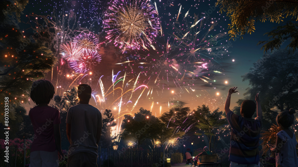 A family with children watches a stunning display of colorful fireworks illuminating the night sky in a serene park setting. Family Enjoys Colorful Fireworks in Park at Night

